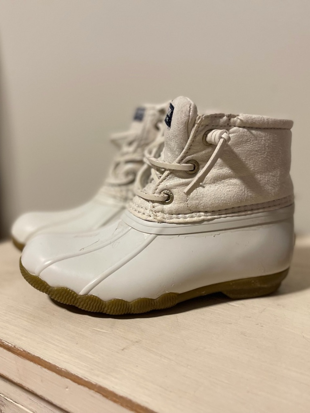 Sperry Toddler/Kids White Duck Rain Boots with Tan Sole. Size 10. $15